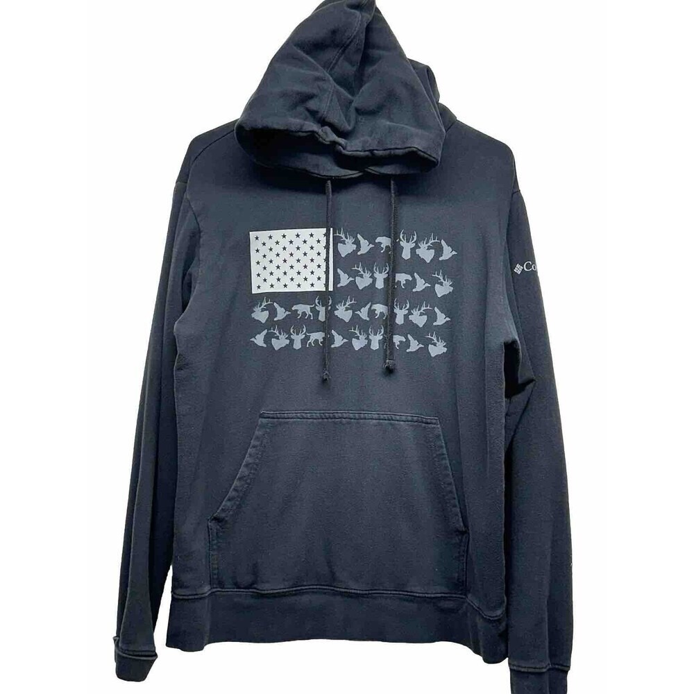 Columbia PHG Hoodie Men M Black American Flag Wildlife Hunting‎ Sweatshirt